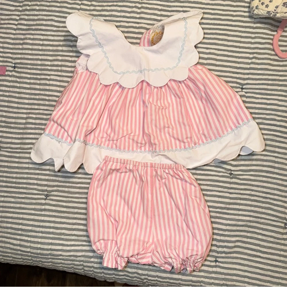 The Beaufort Bonnet Company Pink & White Striped Dress with Bloomer Set